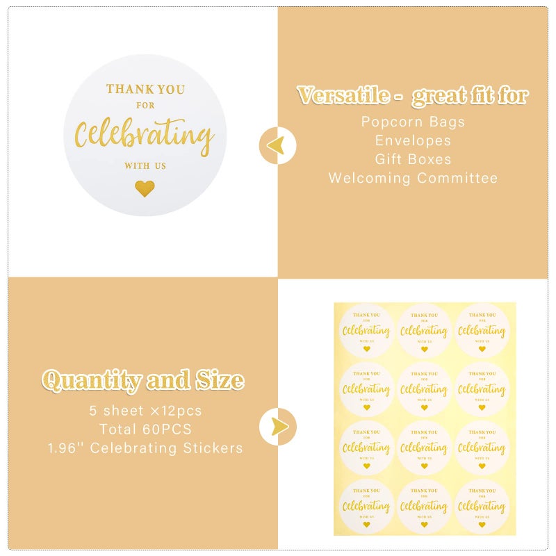 G2PLUS Thank You for Celebrating with Us Stickers 60PCS 2 Inch Round Thank You Sticker Labels for Invitation Envelopes for Wedding  Birthday Baby Shower  Party Favor (Gold) - Image 5